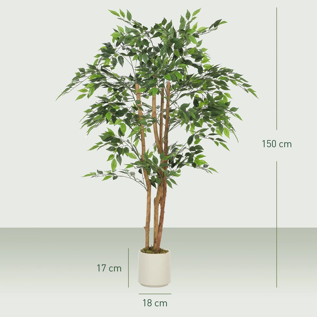 HOMCOM Plantă artificială de interior 150 cm banian copac artificial, ghiveci din plastic și trunchi din lemn masiv, verde | Aosom Romania