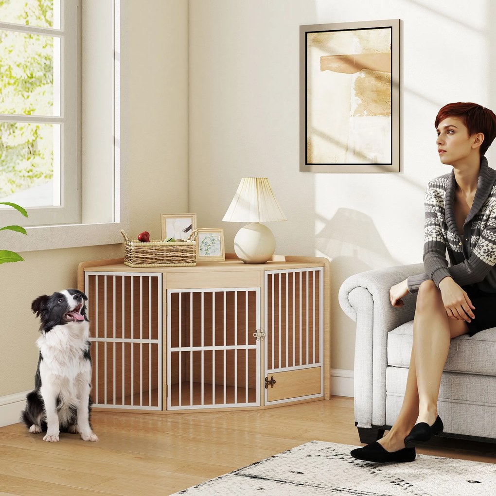 PawHut Cușcă de colț pentru câine, masă auxiliară, cu ușiță rotativă, pentru câini mici și mijlocii 113 x 80 x 64 cm, stejar | Aosom Romania