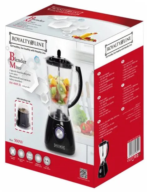 Blender cu râșniță Royalty Line RL-SM-400P.2L, 500W, 1,5 litri, 2 viteze + Pulse, Zdrobitor de gheață, Roșu/alb