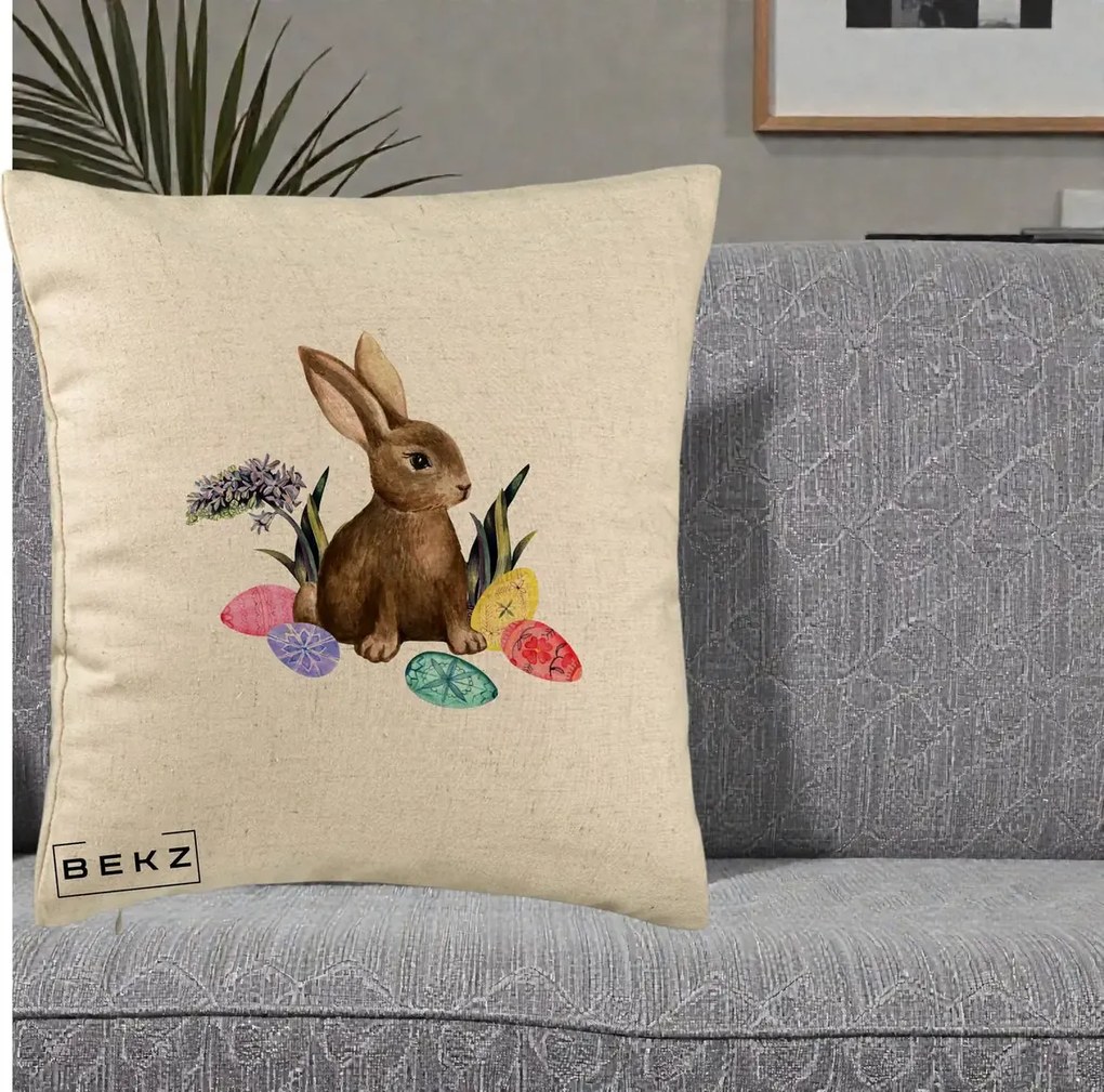 Perna Decorativa Iepuras cu Oua de Pasti Acuarela, 40x40 cm, Bej, Husa Detasabila, Perna Inclusa, BEKZ®