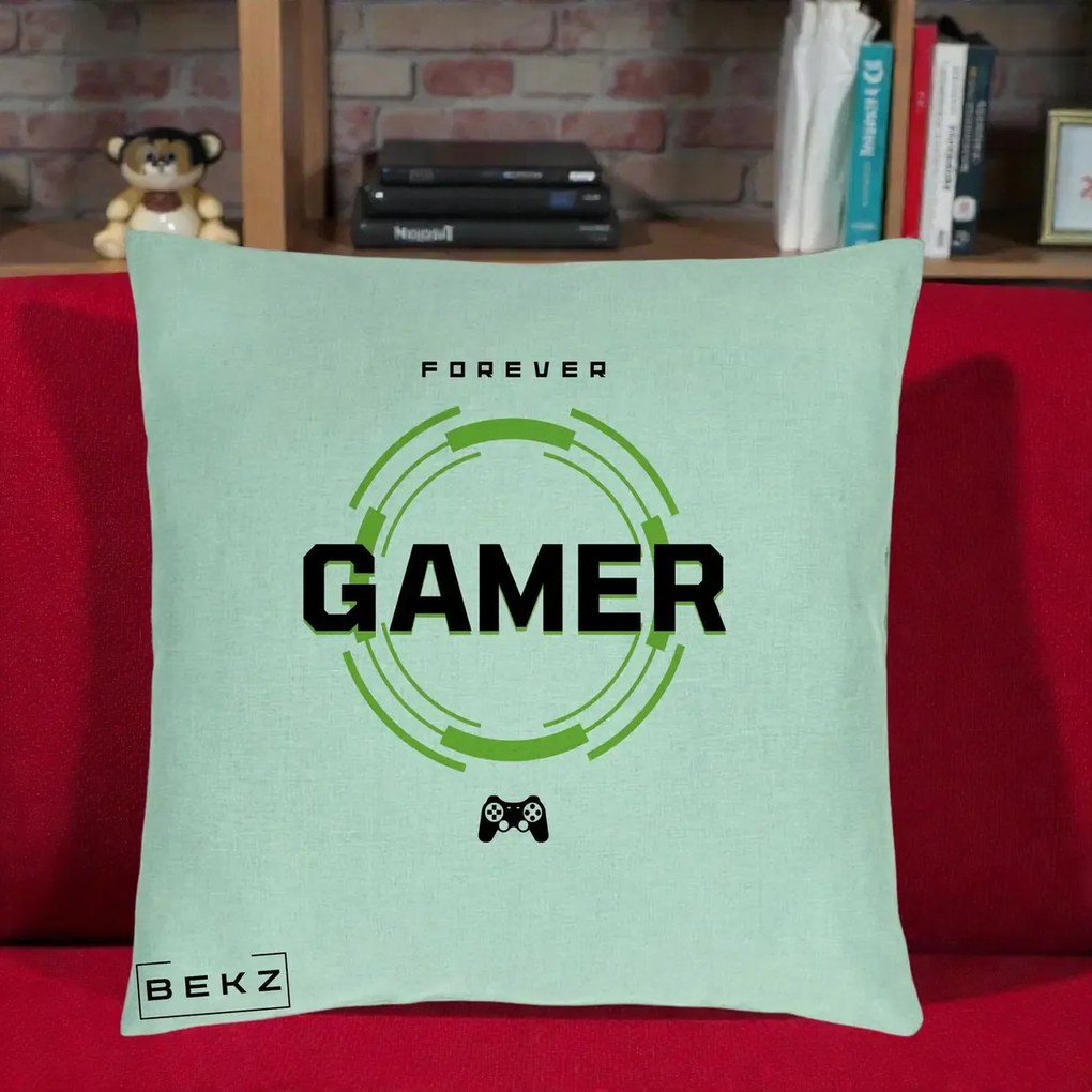 Perna Personalizata Forever Gamer, 40x40 cm, Verde Menta, Husa Detasabila, Perna Inclusa, BEKZ®