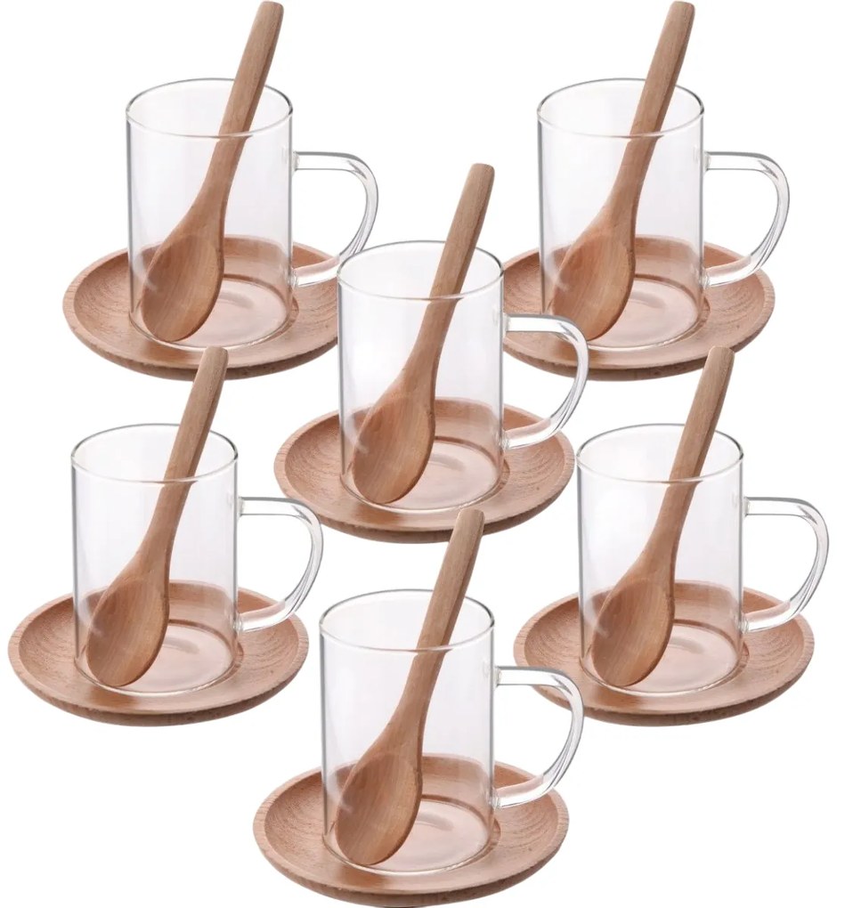 Set de 6 cești de sticlă cu farfurioare din lemnși lingurițe Silvan 200 ml