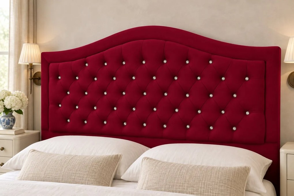 Pat tapițat Chesterfield din catifea Solaria Deluxe Cristal 200×200 cm, vișiniu, cu ladă de depozitare