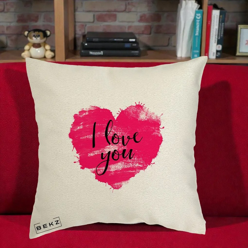 Cadou Romantic - Perna Personalizata I Love You Inima Roz, 40x40 cm, Ecru, Husa Detasabila, Perna Inclusa, BEKZ®