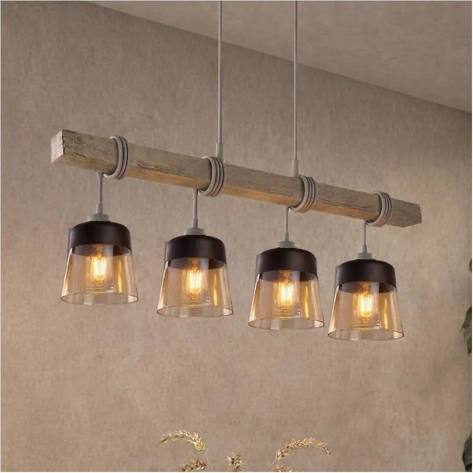 Brilagi - Lustră pe cablu WOOD GLASS 4xE27/60W/230V pin/gri/maro fumuriu