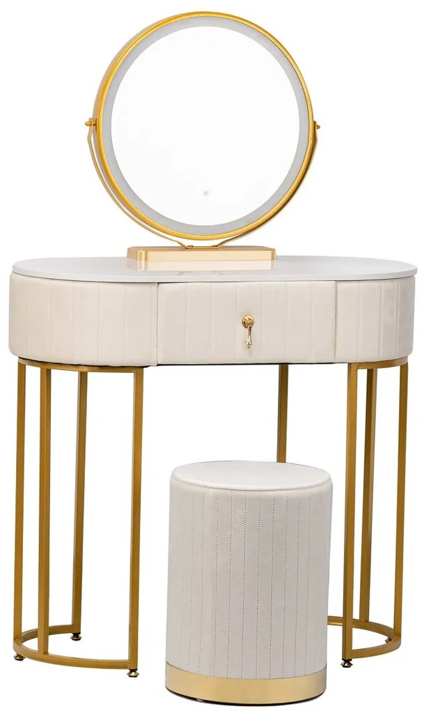 Set Bohemia, Masă de toaletă pentru machiaj cu oglindă iluminată LED, control touch, sertar, taburet, Bej, 80x40x75 cm
