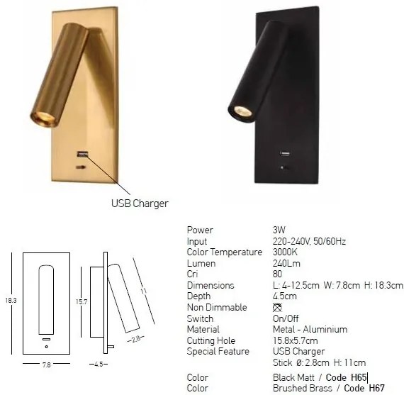 Aplica moderna cu spot LED directionabil USB Charger Hotel negru