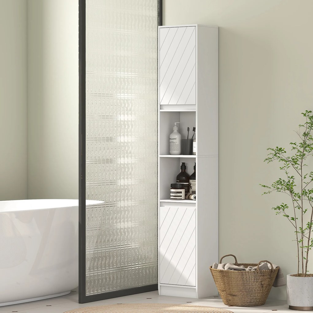 HOMCOM Dulap de baie tip coloană, compact, din lemn, cu 2 dulapuri și rafturi, 30x24x170 cm, alb | Aosom Romania