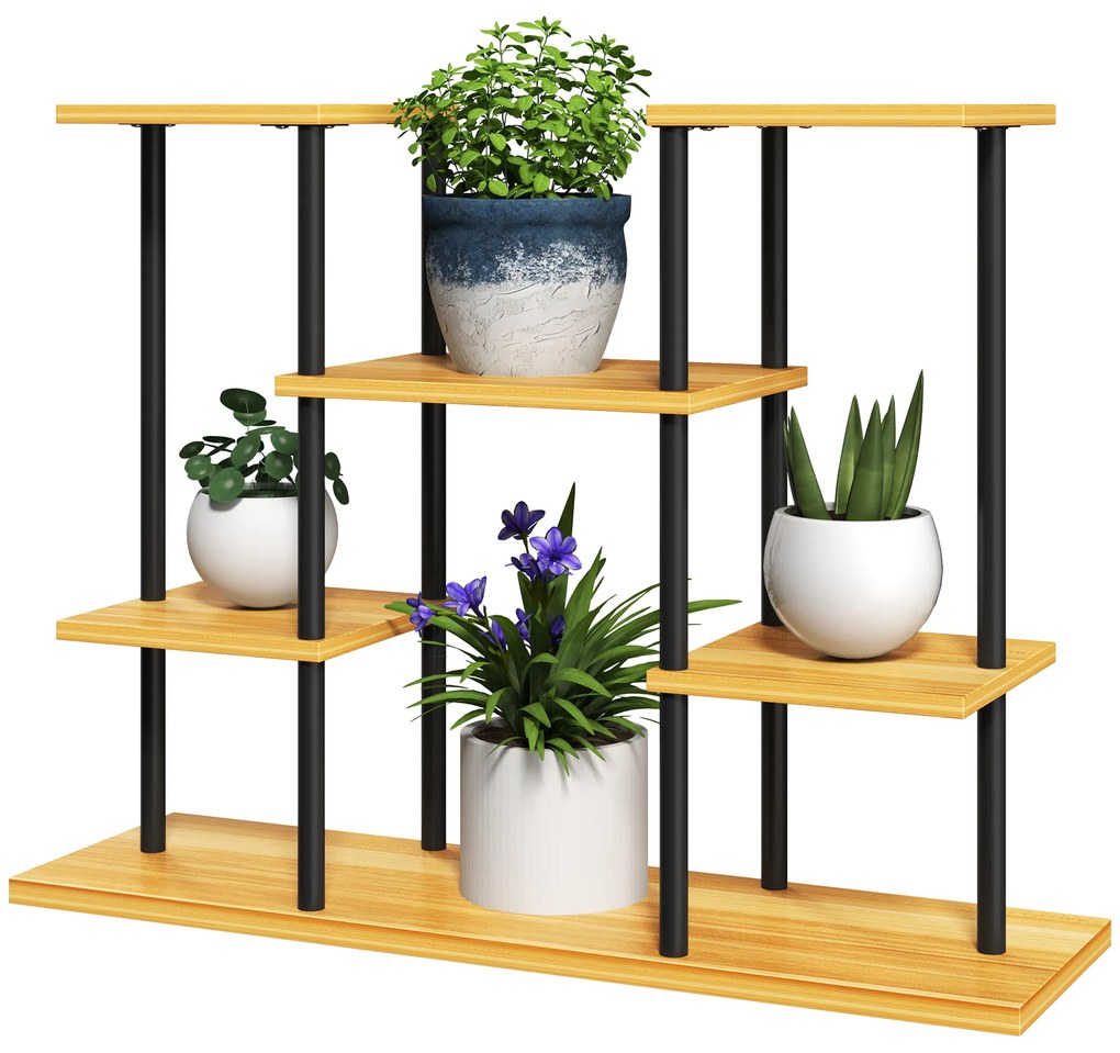 Outsunny Suport plante interior etajeră plantă cu 6 nivele cadru din oțel bază lemn masiv 80 x 24 x 61,5 cm lemn natural | Aosom Romania