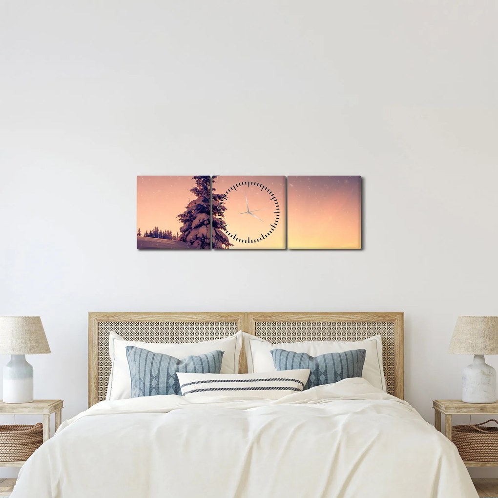 Tablou cu copac înzăpezit pe luncă (cu ceas) (90x30 cm)