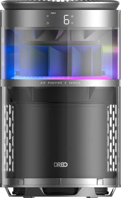 Purificator de aer DREO 530AS, 25 m², 221 m³/h, aspirație la 360°, True HEPA, Wi-Fi, cronometru, ultra silențios, senzor de calitate a aerului, negru