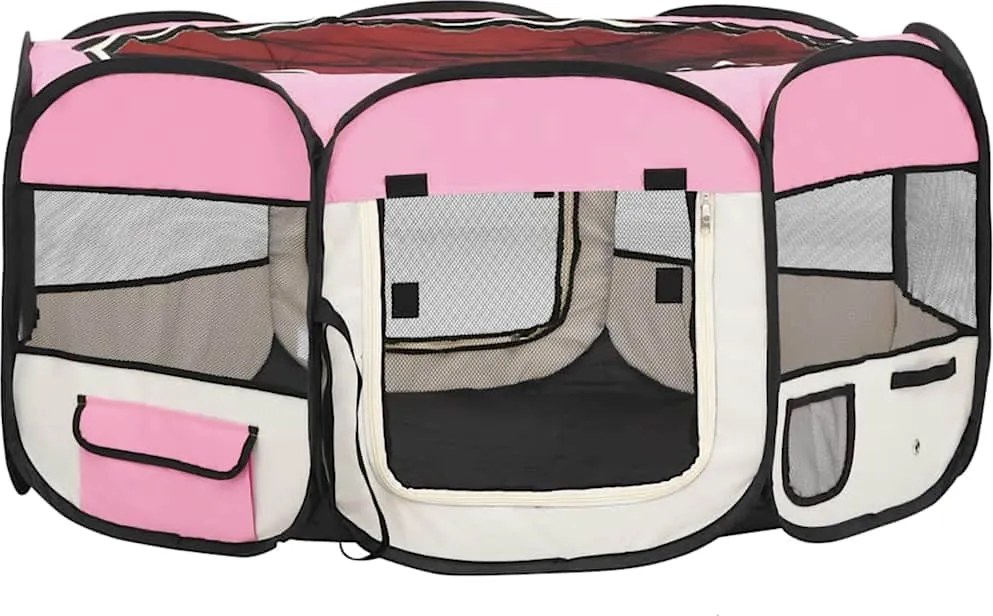 vidaXL Țarc de câini pliabil cu sac de transport, roz, 145x145x61 cm