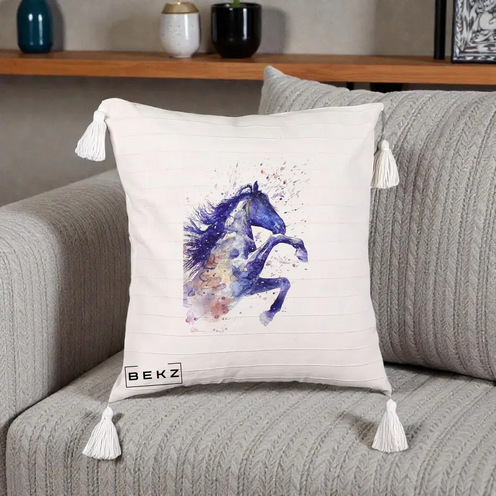 Perna Decorativa Cal Albastru Acuarela, 40x40 cm, Bej cu Franjuri, Husa Detasabila, Perna Inclusa, BEKZ®