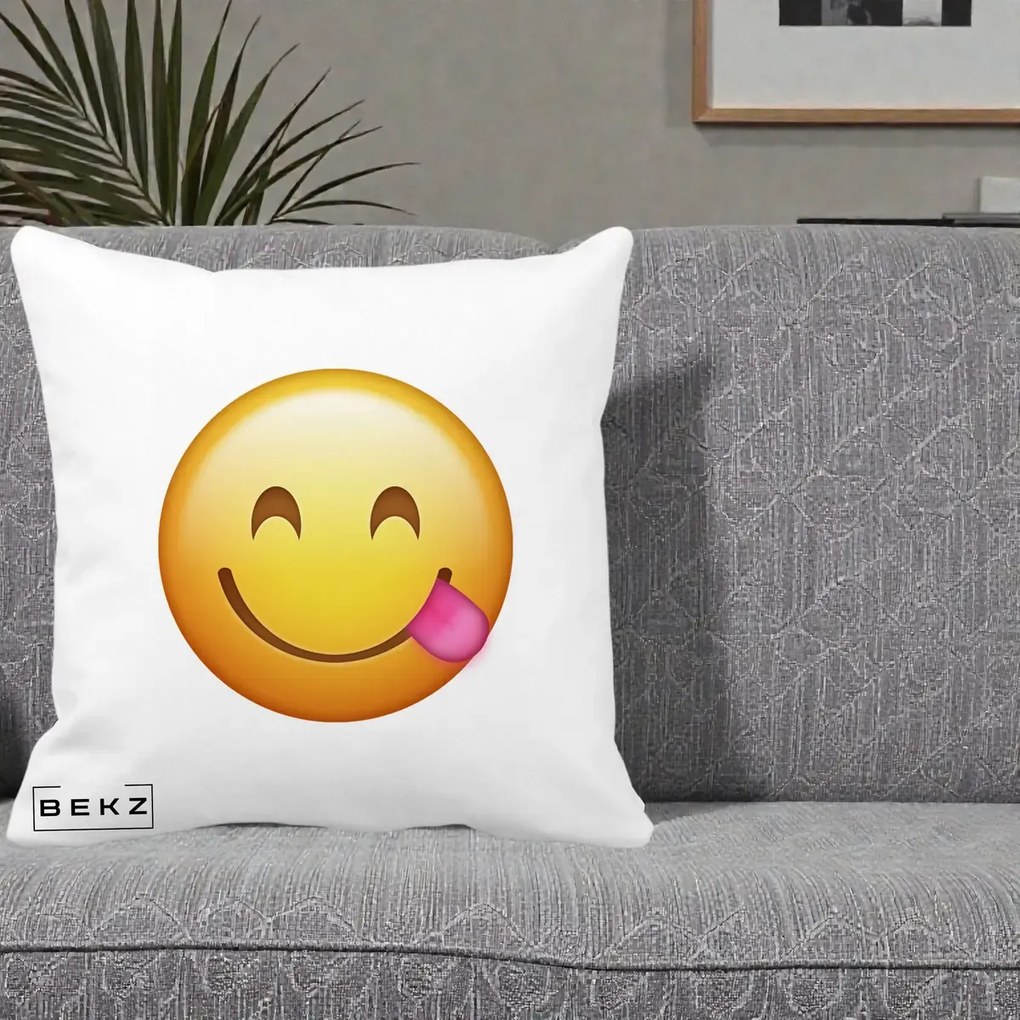 Perna Decorativa Emoji Limba Scoasa, 40x40 cm, Alba Mata, Husa Detasabila, Perna Inclusa, BEKZ®