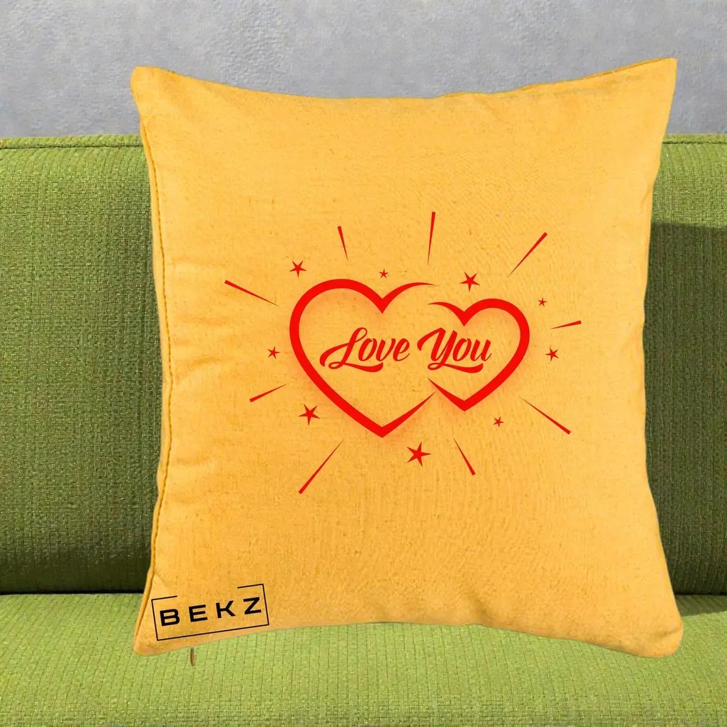 Cadou Romantic - Perna Personalizata Love You Doua Inimi, 40x40 cm, Galben, Husa Detasabila, Perna Inclusa, BEKZ®