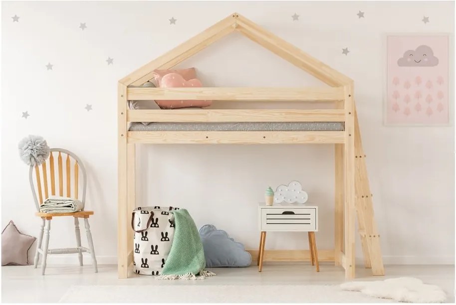 Pat înalt din lemn de pin în formă de căsuță 90x200 cm Mila DMPBA – Adeko