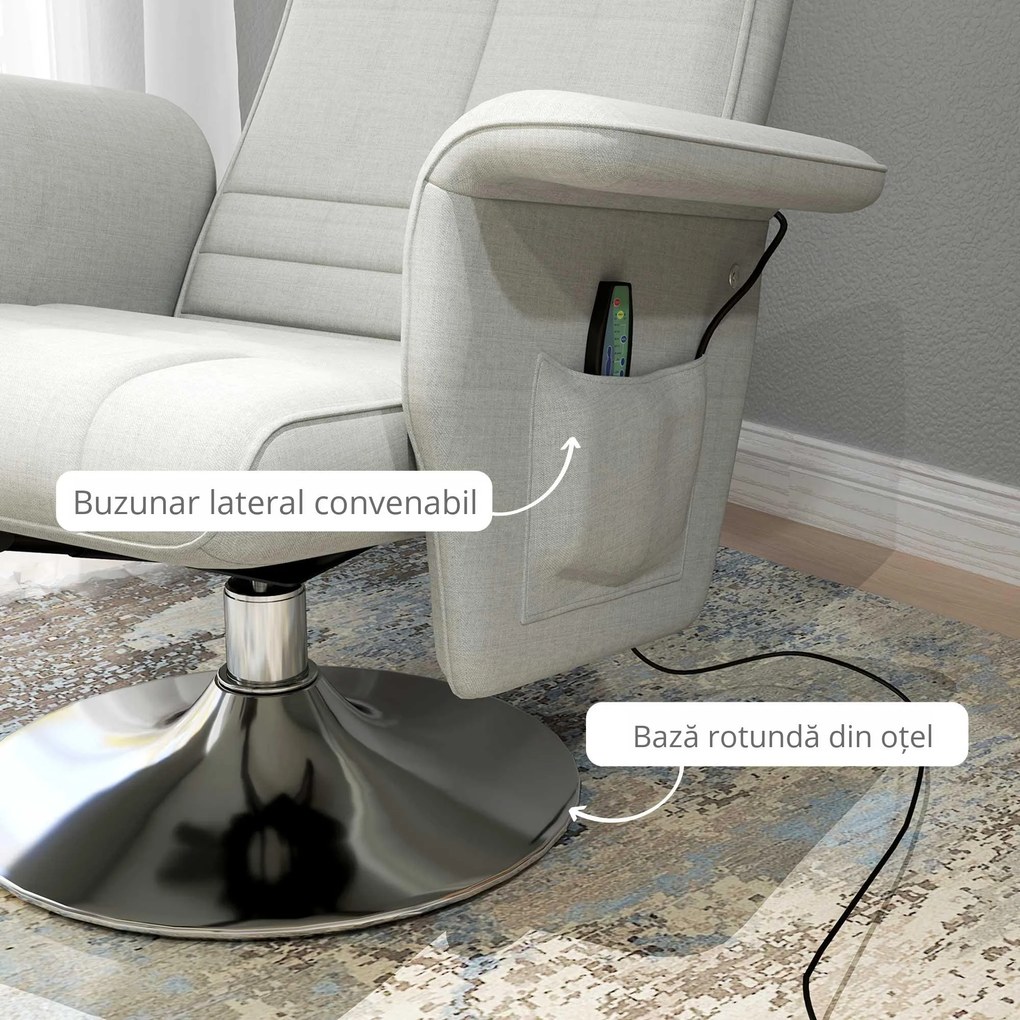HOMCOM Fotoliu relaxant cu masaj și pouf, fotoliu TV cu spătar reglabil și șezut pivotant la 360° 78 x 95 x 88 cm crem | Aosom Romania