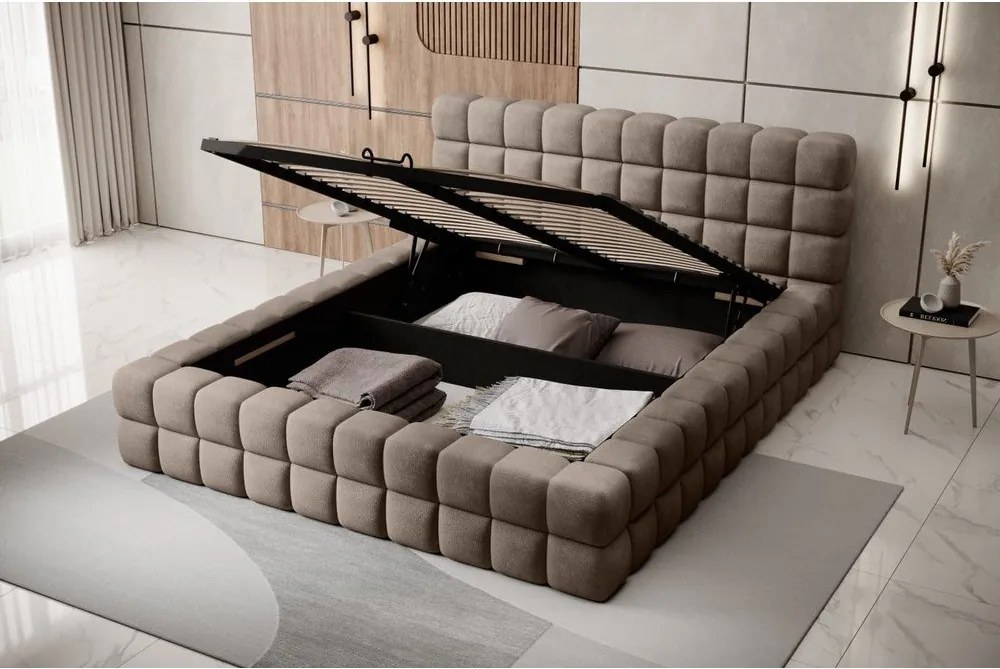 Pat matrimonial maro deschis tapițat cu spațiu de depozitare cu somieră 160x200 cm Dizzle – ELTAP