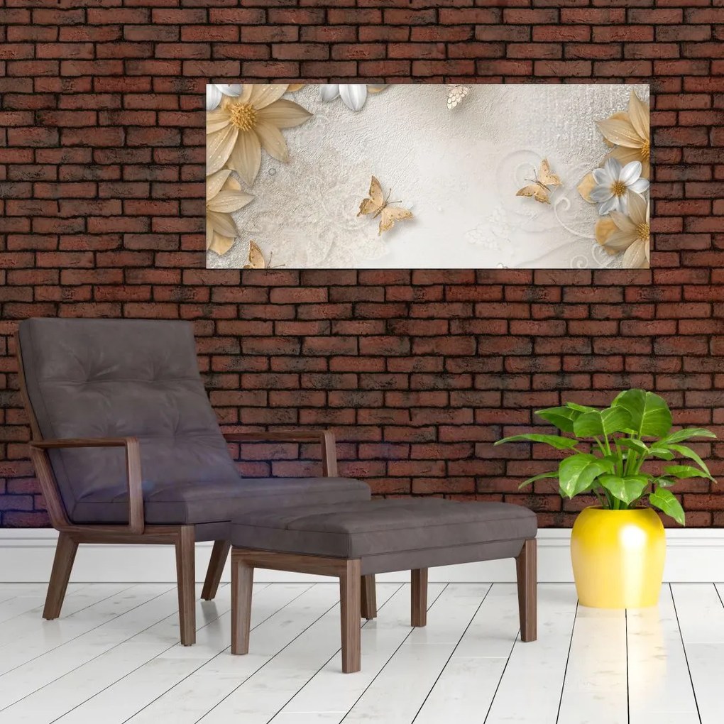 Tablou - Flori cu fluturi (120x50 cm)