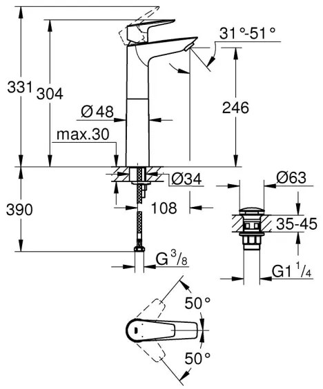 GROHE 23777001 - Baterie pentru lavoar START EDGE, mărime XL, crom lucios