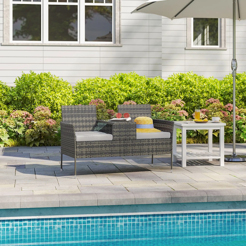 Outsunny Bancă de Grădină cu 2 Locuri din Rattan și Oțel, Bancă de Exterior cu Perne și Măsuță Centrală cu Blat din Sticlă Securizată, 135x64x81 cm, Gri Închis | Aosom Romania