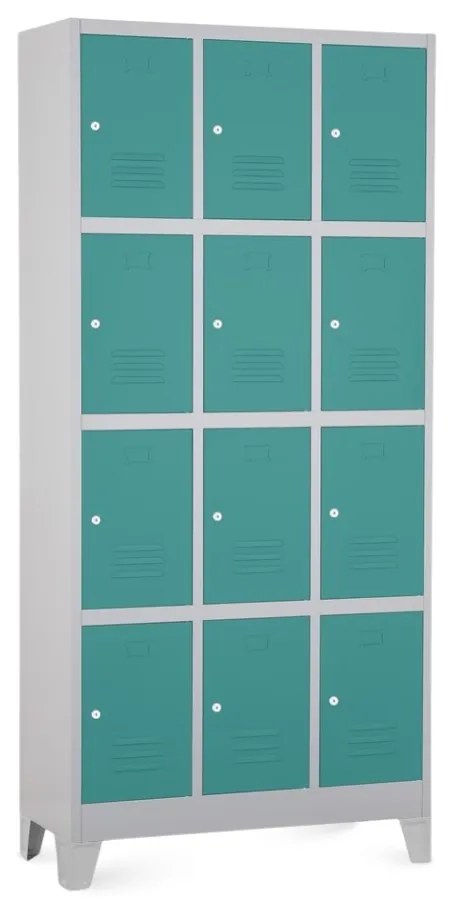 Dulap metalic - 12 cutii, 90 x 40 x 195 cm, picioare fixe, încuietoare cilindrică, verde - ral 6033