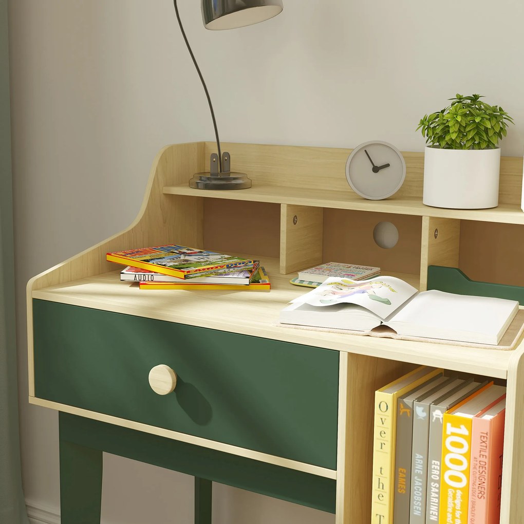 AIYAPLAY Set birou și scaun pentru copil cu rafturi de depozitare și sertar, mobilier pentru copii de la 3 la 10 ani, verde | Aosom Romania