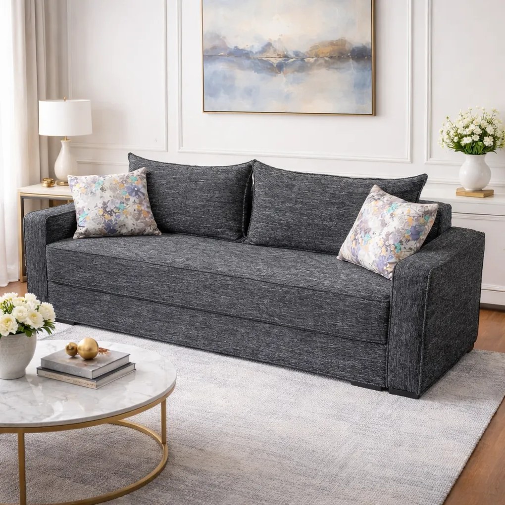 Canapea LARISA extensibila, 3 locuri, lada de depozitare, stofa gri inchis, 220x95x85 Stofa, Gri Inchis