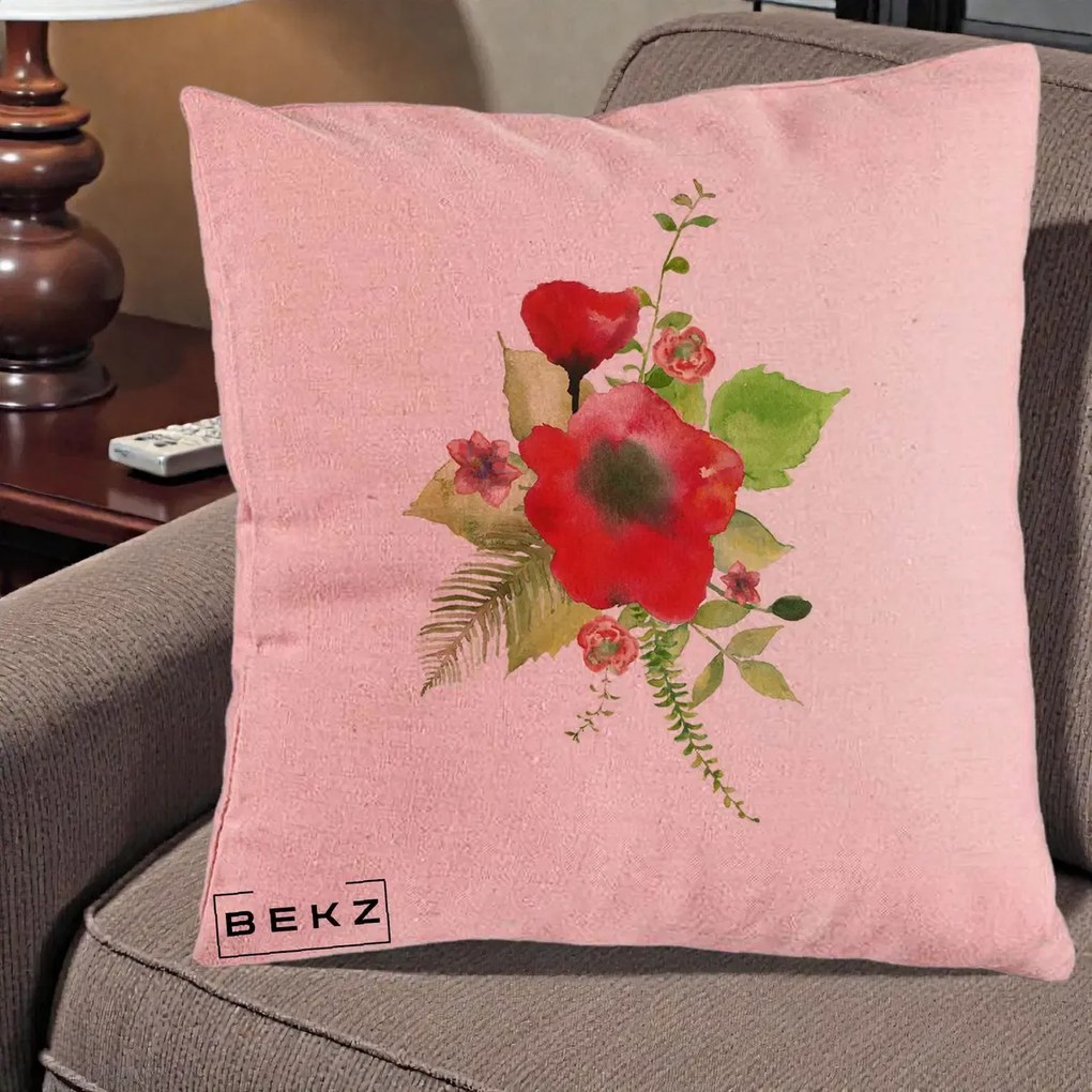 Perna Decorativa Buchet Rosu Acuarela, 40x40 cm, Roz, Husa Detasabila, Perna Inclusa, BEKZ®