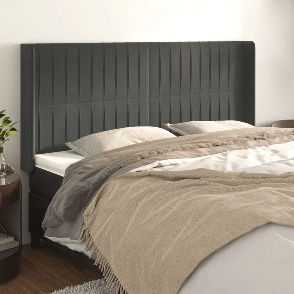 vidaXL Tăblie de pat cu aripioare gri închis 163x16x118/128 cm catifea