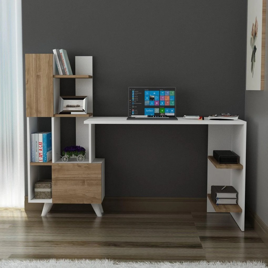 Birou Alis  cu Biblioteca cu usi si rafturi, Alb, 170 x 120 x 60 cm