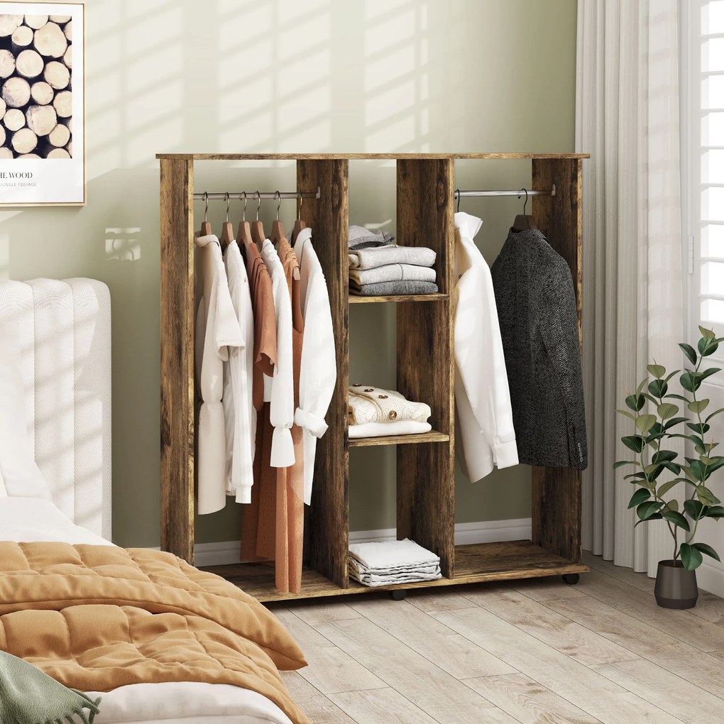 HOMCOM Dulap cu bară de umeraș mobilier de depozitare mobil 6 roți 120 x 40 x 128 cm din lemn maro | Aosom Romania