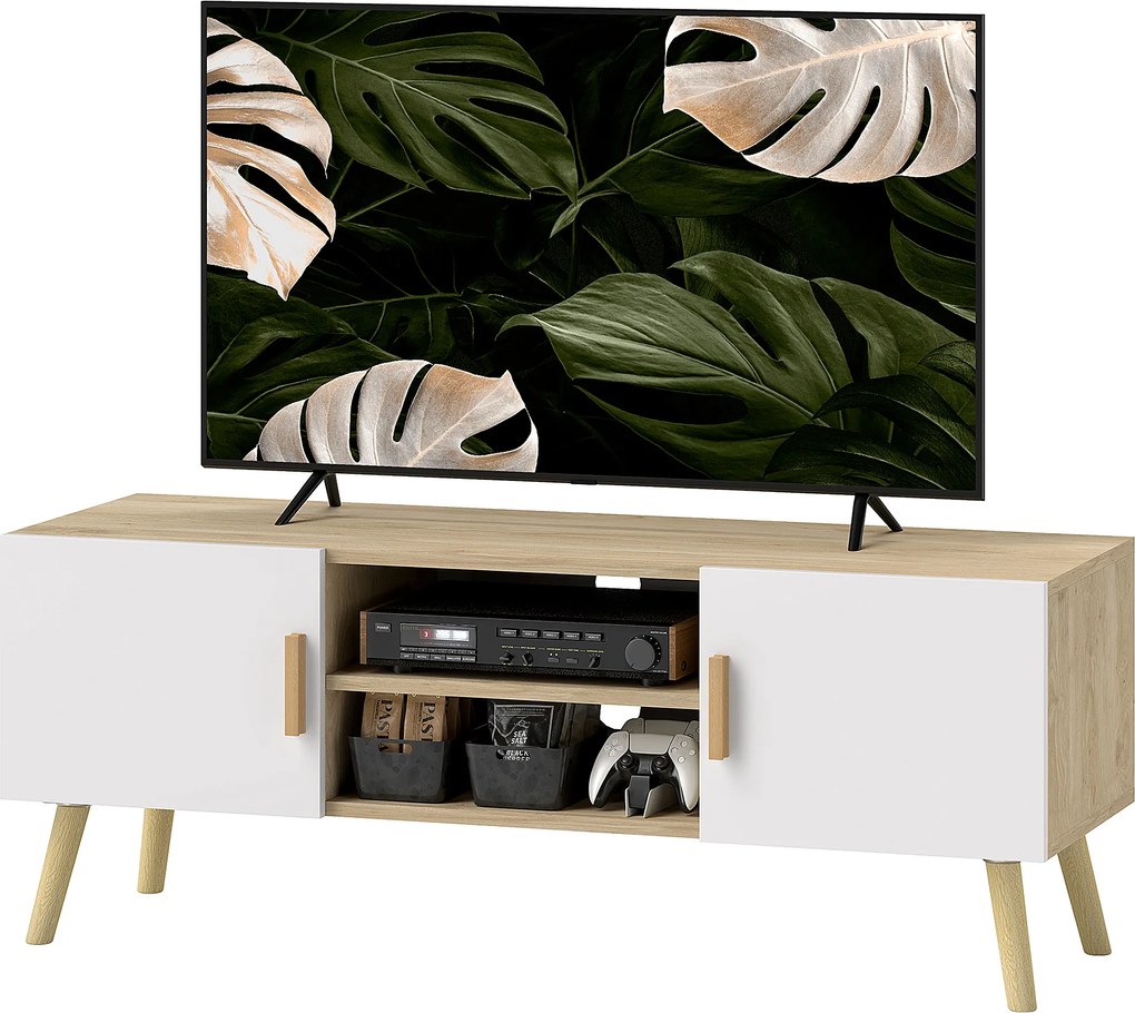 HOMCOM Comodă TV din lemn pentru televizor până la 127 cm cu rafturi, 2 dulapuri și orificii pentru cabluri, stejar | Aosom Romania