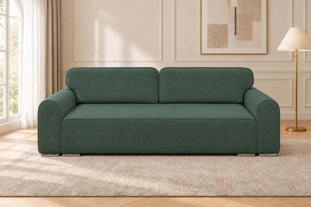 Canapea extensibilă Fiorella din boucle, verde salvie, cu ladă de depozitare