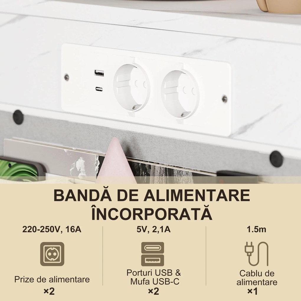 HOMCOM Măsuță de Sufragerie în Formă de C cu Efect de Marmură și Porturi USB, Albă | Aosom Romania