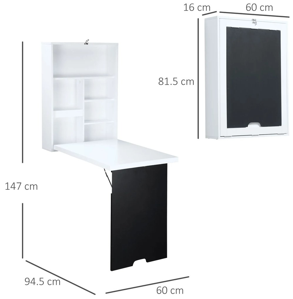 Masa pliabila cu dulap de perete si spatiu de depozitare, alb si negru 60x88.5x146.5cm HOMCOM | Aosom Romania