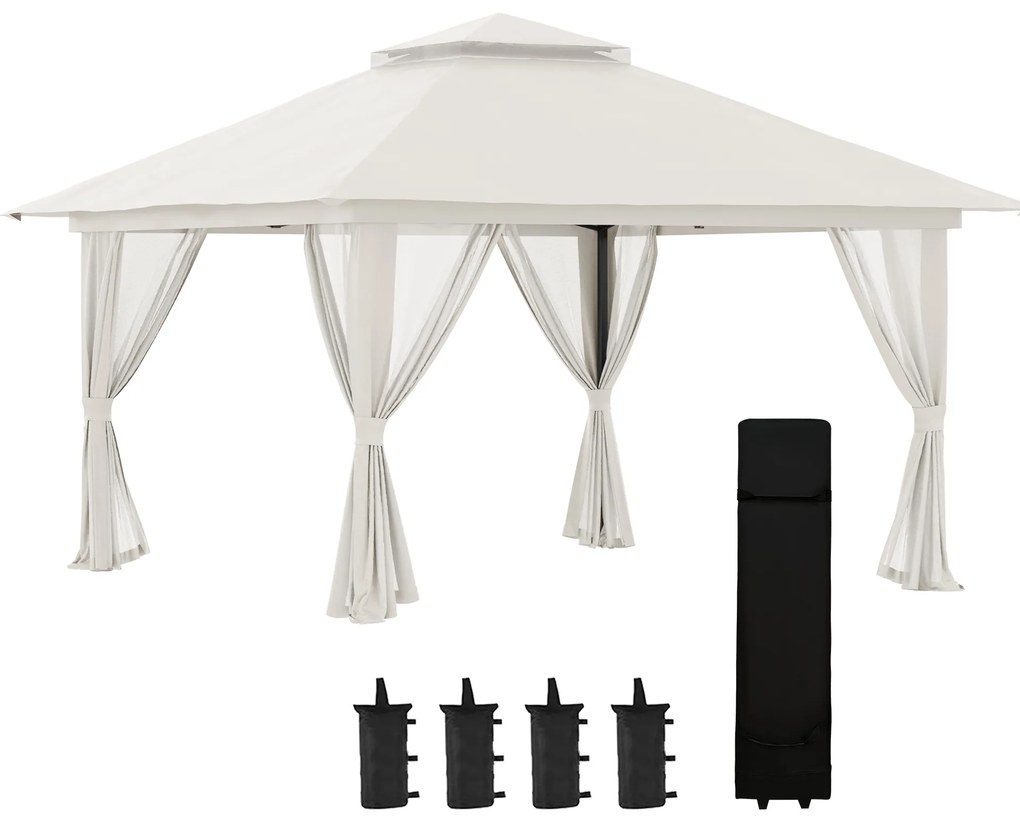 Outsunny Tonela de grădină pop-up pliabilă cu acoperiș dublu protecție UV 50+ cu 4 plase de țânțari cu fermoar 4 x 4 m Alb | Aosom Romania