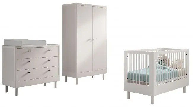 Set Complet Mobilier Cameră Bebelus Forrest Beech, din Lemn Masiv de Fag, Alb: Pătuț (60x120 cm), Comodă cu 3 Sertare, Suport de Înfășat și Dulap cu