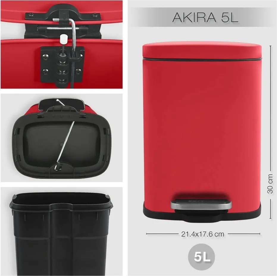 Coș de gunoi roșu cu pedală din oțel 5 l Akira – Spirella
