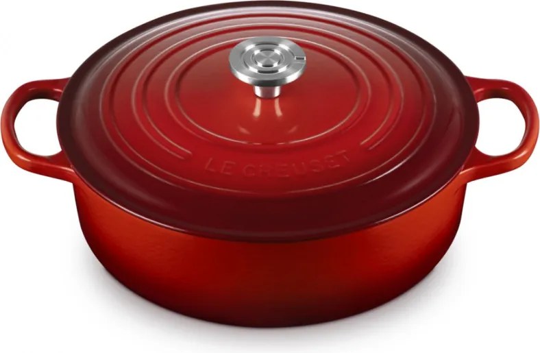 Tigaie din fonta Le Creuset 21179300602430, 30 cm, 6,2 l, Capac etans pentru pastrarea aromelor, Cuptor pana la 260°C, Toate plitele inclusiv inductie, Rosu