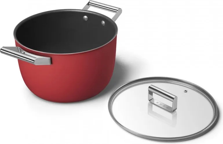 Oala cu capac SMEG CKFC2611RDM, 7,7 l, Ø26 cm, Acoperire cu teflon, Pana la 250°C, Inductie, Rosu