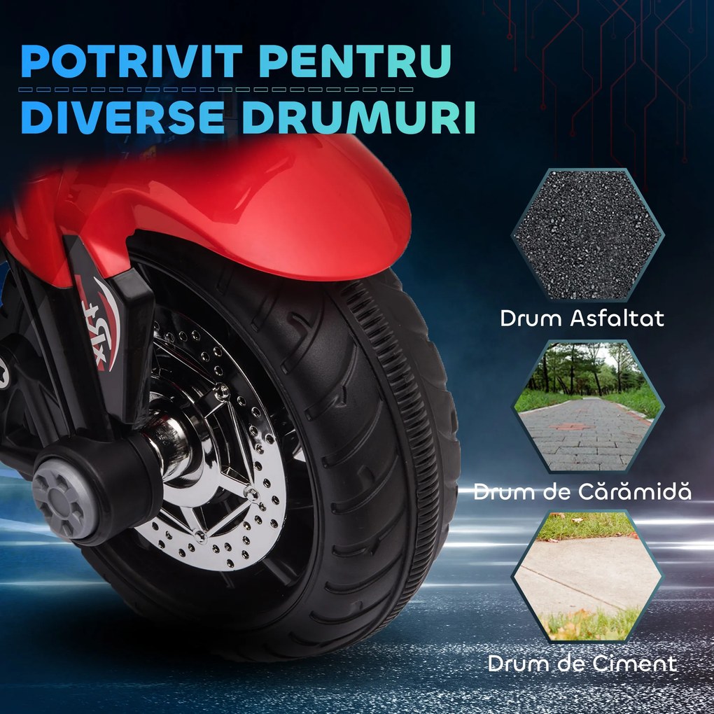 Motocicleta Electrica pentru Copii 3-5 Ani (max. 25kg) cu 3 Roti, Lumini si Sunete, Bateria 6V, Rosu, 86x42x52cm HOMCOM | Aosom Romania