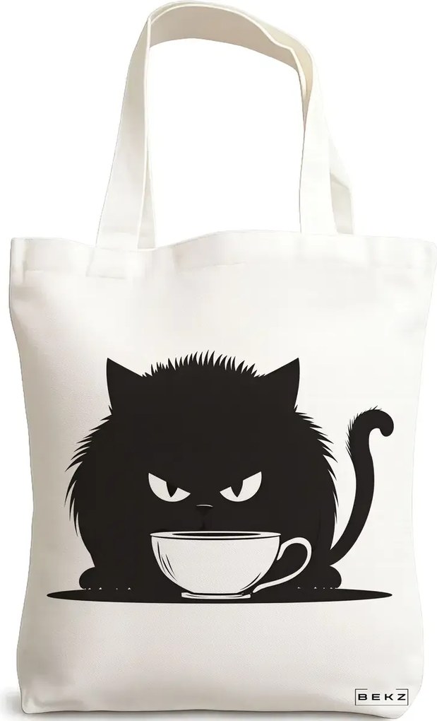 Sacosa de Panza pentru Cumparaturi, Geanta Tote, model Caffeine Cat 27 38 x 34.5 cm, Alba, BEKZ®
