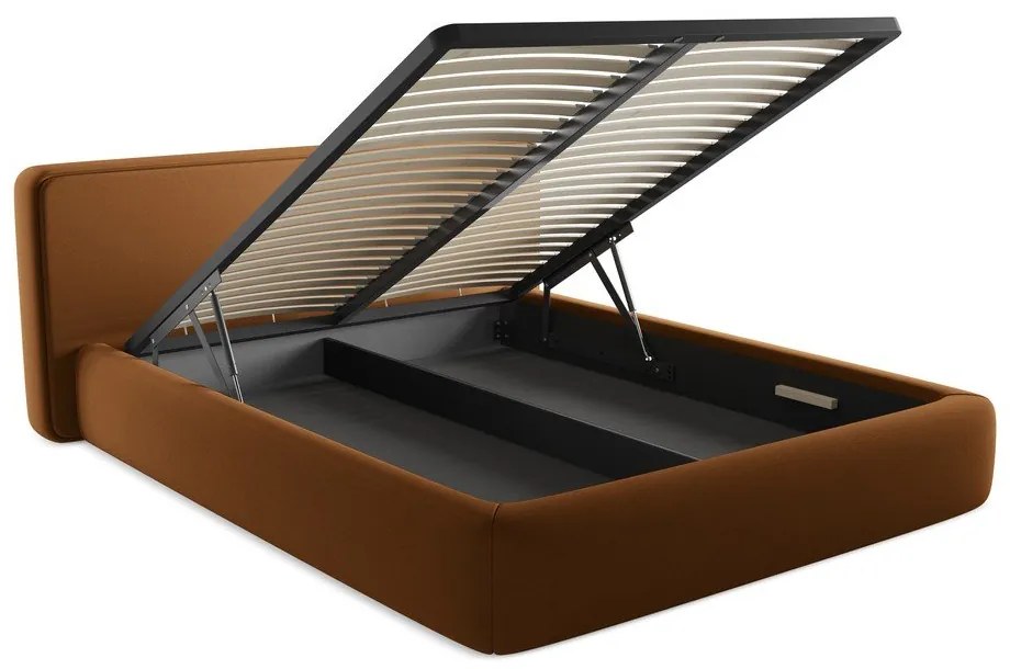 Pat matrimonial teracotă tapițat cu spațiu de depozitare cu somieră 160x200 cm Kiana – Makamii