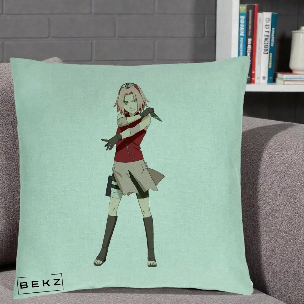 Perna Personalizata Naruto Sakura Haruno Portret, 40x40 cm, Verde Menta, Husa Detasabila, Perna Inclusa, BEKZ®