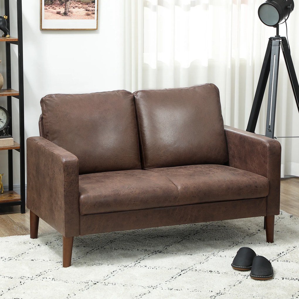 HOMCOM Divan cu 2 Locuri în Material Textil Efect Piele și Picioare din Lemn Maro | Aosom Romania