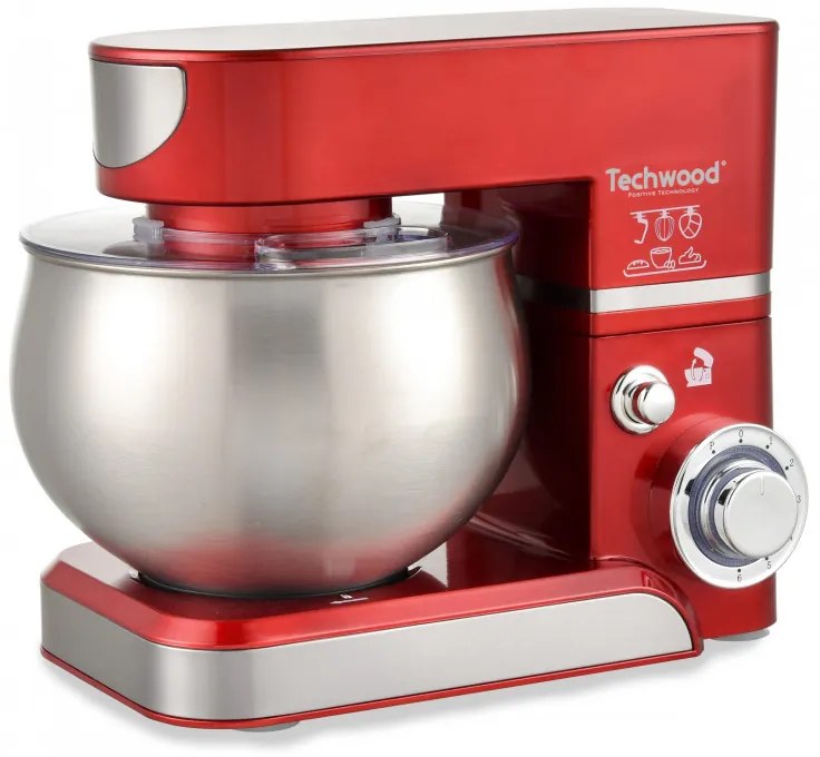 Mixer planetar Techwood TRO-1065, 1000W, 5 litri, 6 viteze, Pulse, Protectie la suprasarcina, Rosu/Inox