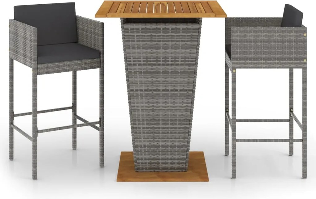 vidaXL Set mobilier bar de grădină, cu perne, 3 piese, gri, poliratan