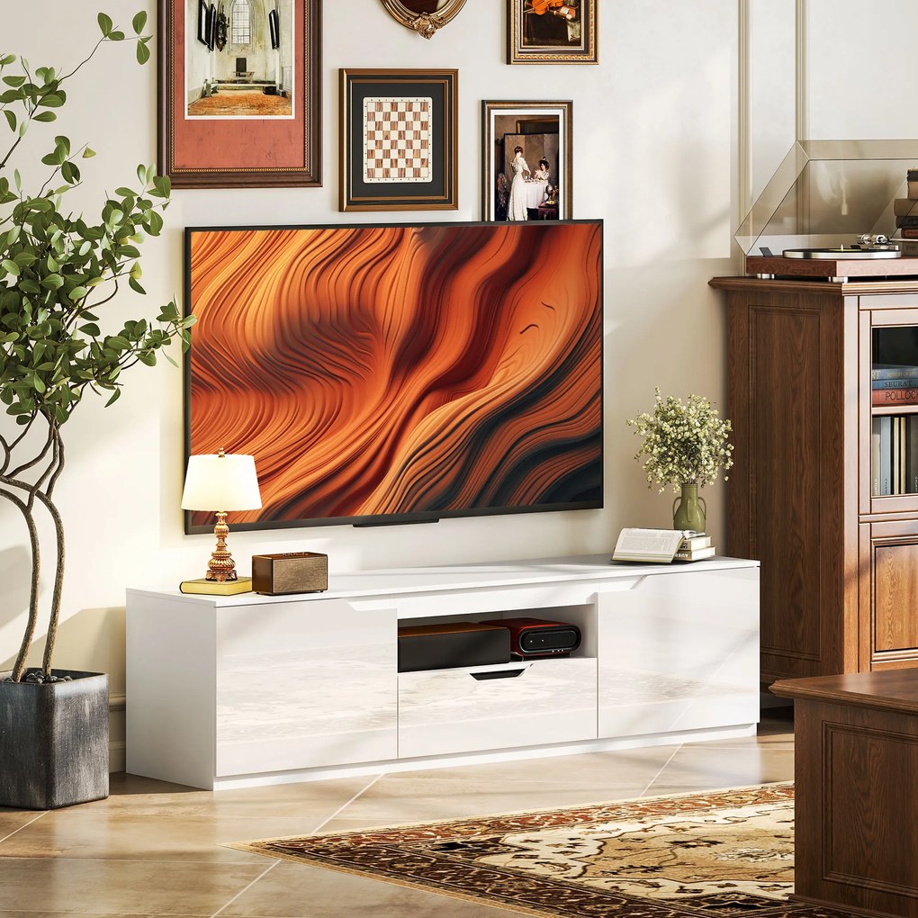 HOMCOM TV-Lowboard, lucios, pentru televizoare de până la 65 de inch, 3 făcuturi, sertar, 160 x 38 x 43 cm, Alb | Aosom Romania