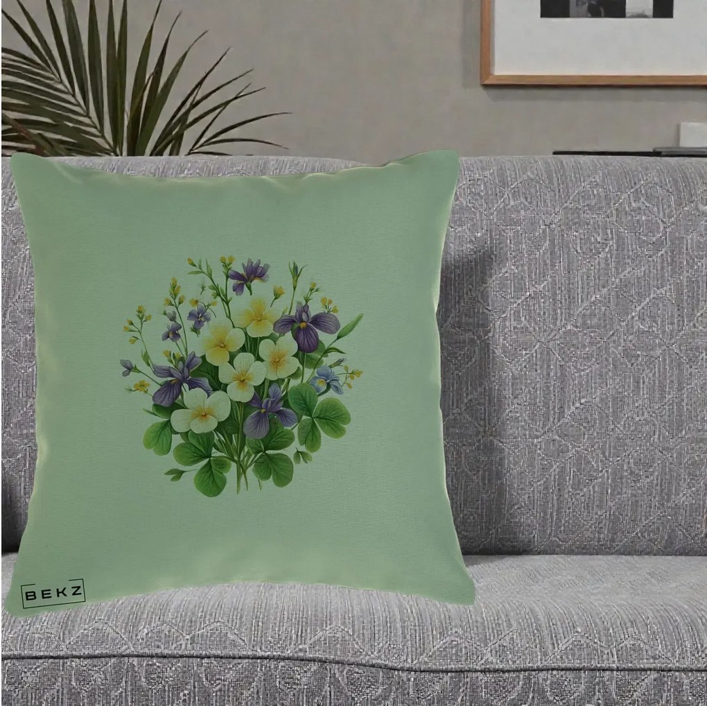 Perna Decorativa Viorele Iris Violet si Trifoi, 40x40 cm, Verde, Husa Detasabila, Perna Inclusa, BEKZ®